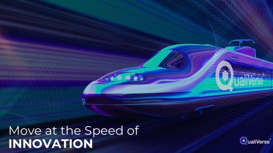QualiVerse high-speed train in streaks of light with the tagline Move at the Speed of Innovation