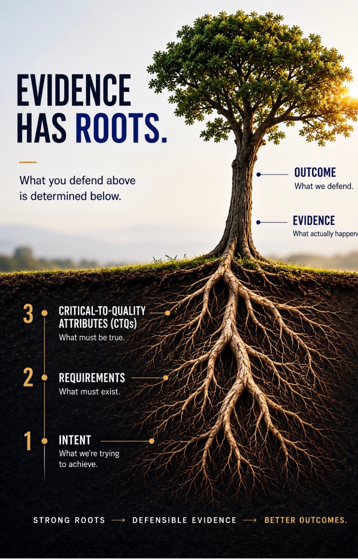 Evidence has roots infographic: a tree whose roots of intent, requirements and CTQs support evidence and outcome